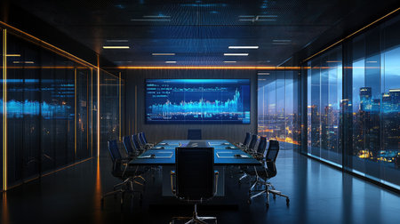 A sleek modern boardroom featuring high-tech displays and panoramic windows showcasing a breathtaking cityscape at night, ideal for corporate meetings and strategic planning.の素材