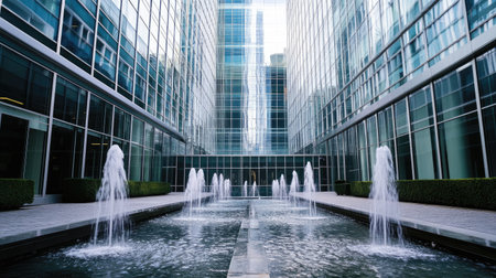 A modern urban scene featuring sleek glass buildings and elegant water fountains. The tranquil setting invites relaxation amidst the city's hustle, showcasing contemporary design.の素材