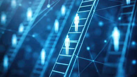 This abstract illustration depicts growth and progression using ladders and human figures in a digital setting, symbolizing aspiration and achievement in a visually striking manner.の素材