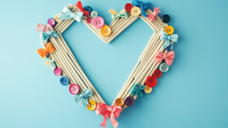 This vibrant heart crafted from colorful buttons and ribbons captures creativity and sentimentality, perfect for art projects or heartfelt gifts.の素材