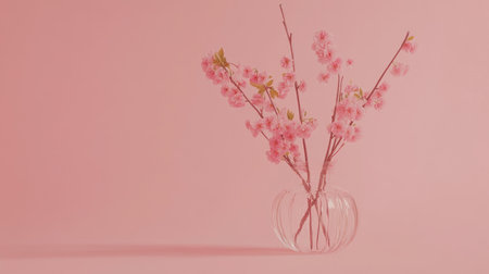 A stunning arrangement of delicate pink cherry blossoms in a transparent vase, set against a soft pink background, creating a serene and elegant atmosphere.の素材