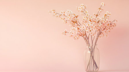 A beautiful bouquet of cherry blossoms in a clear glass jar against a soft pink background, creating a serene and elegant atmosphere perfect for spring decor.の素材