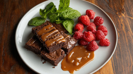 Enjoy a tempting plate of brownies drizzled with caramel sauce, paired with fresh raspberries and mint leaves, creating a visually appealing dessert.の素材