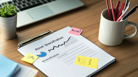 View of a document focused on asset diversification displayed on a wooden desk. Surrounding stationery includes a coffee cup, plant, and pens for a productive workspace.の素材