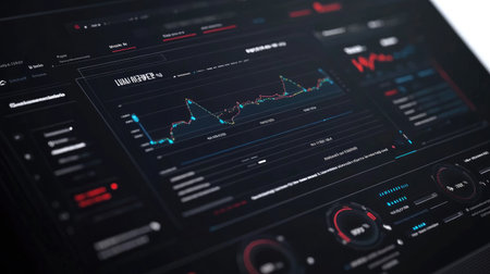 A sleek and modern data analytics dashboard showcasing graphs, metrics, and interactive elements. Perfect for technology and business applications focusing on data analysis and visualization.の素材