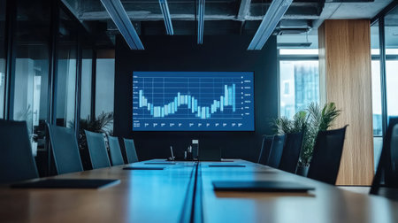 A spacious modern conference room featuring a large display screen showcasing data visualization. This setting highlights corporate strategy and collaboration in a professional environment.の素材