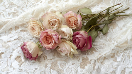 A lovely arrangement of pastel-colored roses rests on a delicate lace background, creating a serene and romantic atmosphere ideal for weddings and special events.の素材