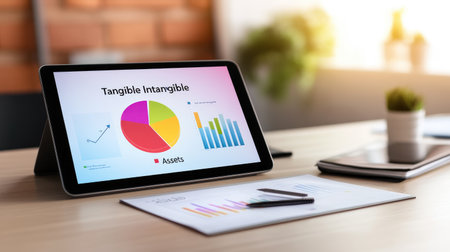A sleek tablet displays a colorful data visualization on tangible and intangible assets. The workspace features modern tools, emphasizing business analysis and strategy.の素材