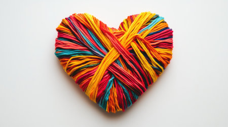 A vibrant heart-shaped arrangement of colorful yarn strings perfect for craft lovers and DIY enthusiasts. Ideal for artistic projects and creative inspiration.の素材