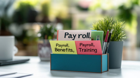 Brightly organized workspace featuring payroll and training documents in vibrant folders, alongside pens and green plants, promoting productivity and focus.の素材