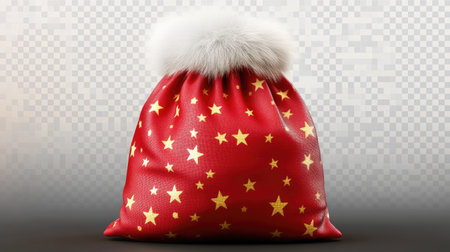 Charming red festive bag adorned with golden stars and fluffy white fur, perfect for holiday celebrations and gift-giving. A cozy seasonal accessory.の素材