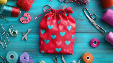 A vibrant flat lay showcasing a red heart patterned bag surrounded by colorful craft supplies, including threads and scissors, perfect for creative projects.の素材