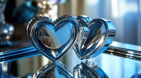 Two shiny heart-shaped metallic objects rest on a reflective surface, creating a stunning visual display. Ideal for themes of love and elegance.の素材