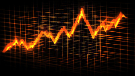 Abstract image featuring a dynamic orange graph, illustrating data trends and growth. The visualization conveys financial performance and statistical analysis in a modern design.の素材