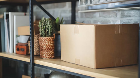 A simple cardboard box rests on a wooden shelf, surrounded by various decorative items including plants and craft materials. The scene reflects modern home organization.の素材