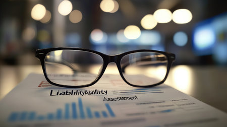 Close-up of glasses resting on a document highlighted with liability assessment, symbolizing focus and clarity in business analysis and risk evaluation.の素材