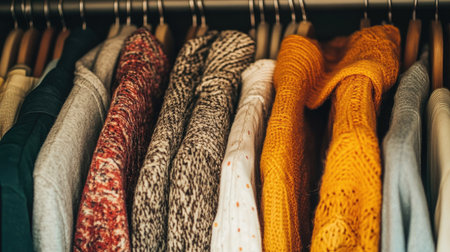 A collection of cozy sweaters and knitwear arranged neatly on hangers, showcasing various textures and colors, perfect for autumn and winter fashion inspiration.の素材