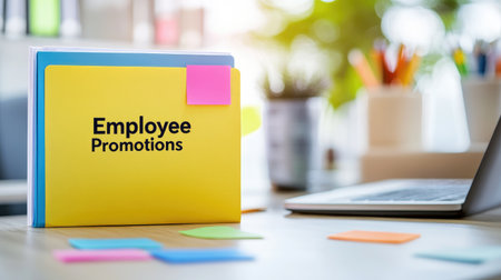 A vibrant office scene featuring colorful employee promotion files beside a laptop. Ideal for themes of productivity, growth, and workplace organization.の素材