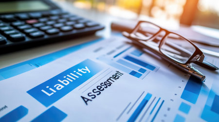Close-up view of financial liability assessment documents beside a calculator and glasses. Important tools for risk analysis and business evaluations.の素材