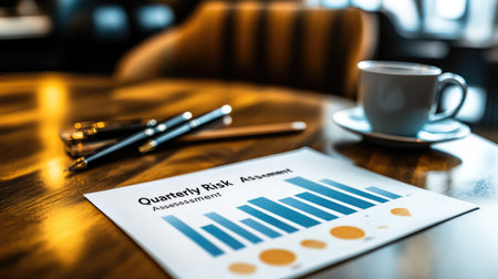 A detailed quarterly risk assessment report displayed beside a coffee cup. The image features a graph on a report, illustrating data trends in a modern office setting.の素材