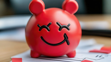 A vibrant red piggy bank features a cheerful smiley face, standing on top of scattered documents. The playful design adds a joyful touch to any workspace.の素材