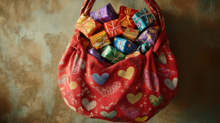 A vibrant red bag filled with colorful wrapped gift boxes showcases the spirit of celebration and joy, perfect for festive occasions and holiday surprises.の素材