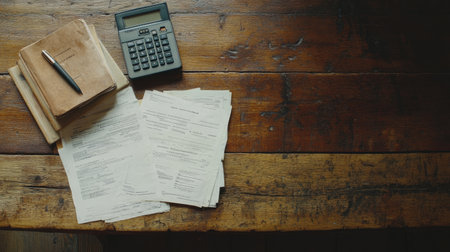 A neatly arranged office workspace featuring a calculator, scattered paperwork, a notebook, and a pen on a rustic wooden table, ideal for business tasks.の素材