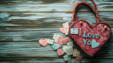 A charming heart-shaped basket adorned with love notes rests on a rustic wooden table, perfect for expressing romance and affection. Ideal for celebrations.の素材