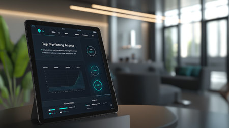 A digital tablet showcases performance metrics and graphs in a sleek modern office, illustrating the importance of data analysis in today's business environment.の素材