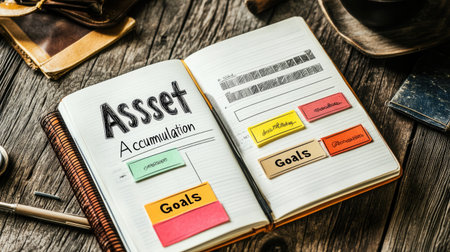A stylish notebook placed on a rustic wooden desk features colorful notes emphasizing goals and assets, symbolizing organization and creativity in planning.の素材