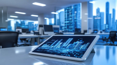 A modern tablet showcasing a digital smart city concept sits on a sleek office desk. The background features a bustling urban skyline, symbolizing future innovations in technology and architecture.の素材