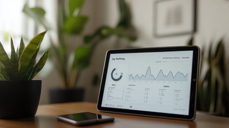 A modern workspace featuring a tablet displaying data analysis surrounded by indoor plants, creating a focus on productivity and innovation in a clean, professional environment.の素材