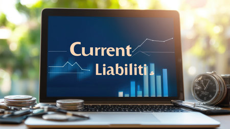 A laptop displays the term "Current Liabilities," paired with financial charts and graphs. This setting represents analysis and management in finance.の素材