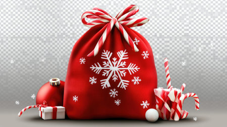 This vibrant red Christmas bag features a snowflake design and is surrounded by festive decorations, such as wrapped gifts and candy canes, perfect for holiday celebrations.の素材