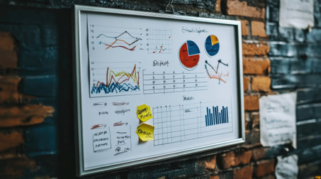 A vibrant display of graphs, charts, and notes showcases data analysis techniques in a modern workspace, inspiring creativity and effective communication.の素材