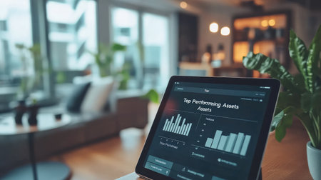 A sleek tablet showcases financial charts and graphs in a contemporary living room, combining comfort and technology for modern workspace efficiency.の素材