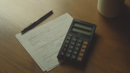 A calculator rests beside a document and pen on a wooden table, symbolizing financial planning and analysis. Perfect for business and finance themes.の素材