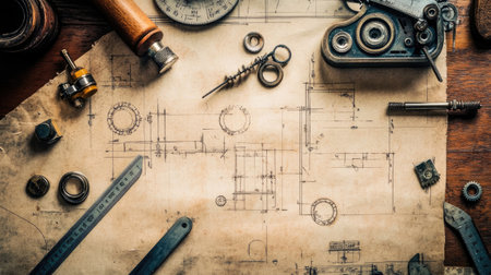 A captivating arrangement of vintage tools and engineering drawings on a wooden workbench, showcasing precision and craftsmanship in design and layout, perfect for industrial themes.の素材