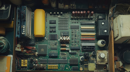 A close-up of a vintage circuit board showcasing various electronic components arranged systematically, highlighting the technology and design aspects of retro electronics.の素材