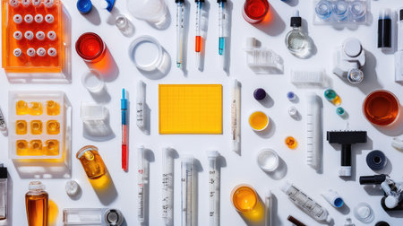 Overhead view of a variety of laboratory equipment and glassware arranged on a table, showcasing tools essential for scientific research and analysis.の素材