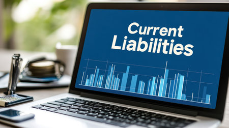 A laptop displaying the term "Current Liabilities" against a data visualization backdrop, representing financial analysis in a modern office environment.の素材