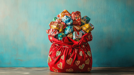 A vibrant red bag filled with an assortment of colorful, wrapped gifts against a soft blue background, perfect for celebrating special occasions.の素材