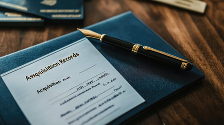 An elegant desk setup showcasing acquisition records alongside a classic fountain pen. Ideal for business, paperwork, and office-related concepts.の素材