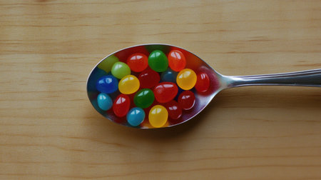 A close-up view of a metal spoon filled with a vibrant assortment of jelly beans. The cheerful colors and glossy texture create a playful image perfect for candy lovers.の素材