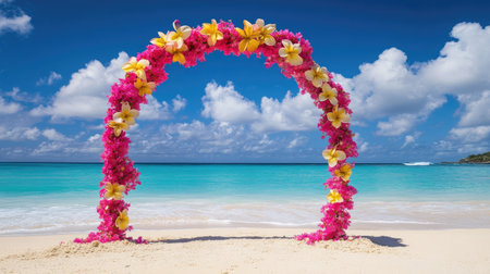 A stunning floral wedding arch adorned with vibrant flowers stands on a serene beach, creating a romantic backdrop against the turquoise sea and blue sky.の素材