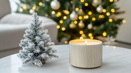 A cozy Christmas scene featuring a glowing candle beside a frosted miniature tree, set against a softly illuminated backdrop of a decorated Christmas tree.の素材
