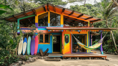 A vibrant tropical house set in lush greenery features colorful walls, surfboards, and a cozy hammock, perfect for a relaxing vacation getaway in nature.の素材