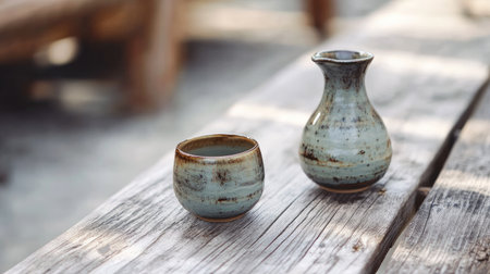 A charming ceramic pottery set featuring a cup and jug, beautifully crafted with earthy tones. Perfect for outdoor dining or rustic home decor.の素材