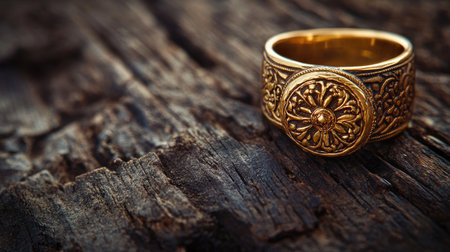 An exquisite antique golden ring featuring an intricate floral design, resting elegantly on a textured wooden surface. Perfect for vintage aesthetics.の素材
