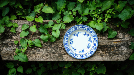 A vintage plate rests elegantly on a weathered wooden surface, surrounded by vibrant green leaves, creating a serene and artistic outdoor scene. Perfect for nature-inspired themes.の素材
